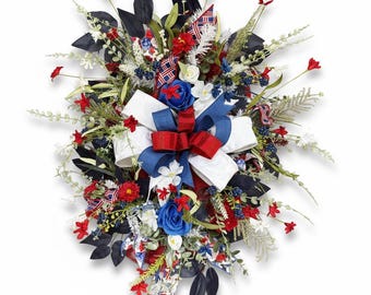 Red White Blue Rose Swag Wreath Patriotic Floral Door Decor Independence Day Memorial Day Summer