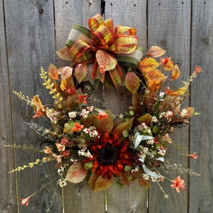 Colors of Autumn Grapevine Wreath. Fall front door wreath. Fall sunflower decor.