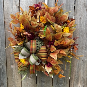 Fall wreath with Plaid Bow. Autumn leaves for front door. Rustic Thanksgiving Decor.