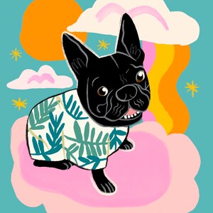 May include: A black French bulldog wearing a white and green tropical print shirt, sitting on a pink cloud with a rainbow and stars in the background.