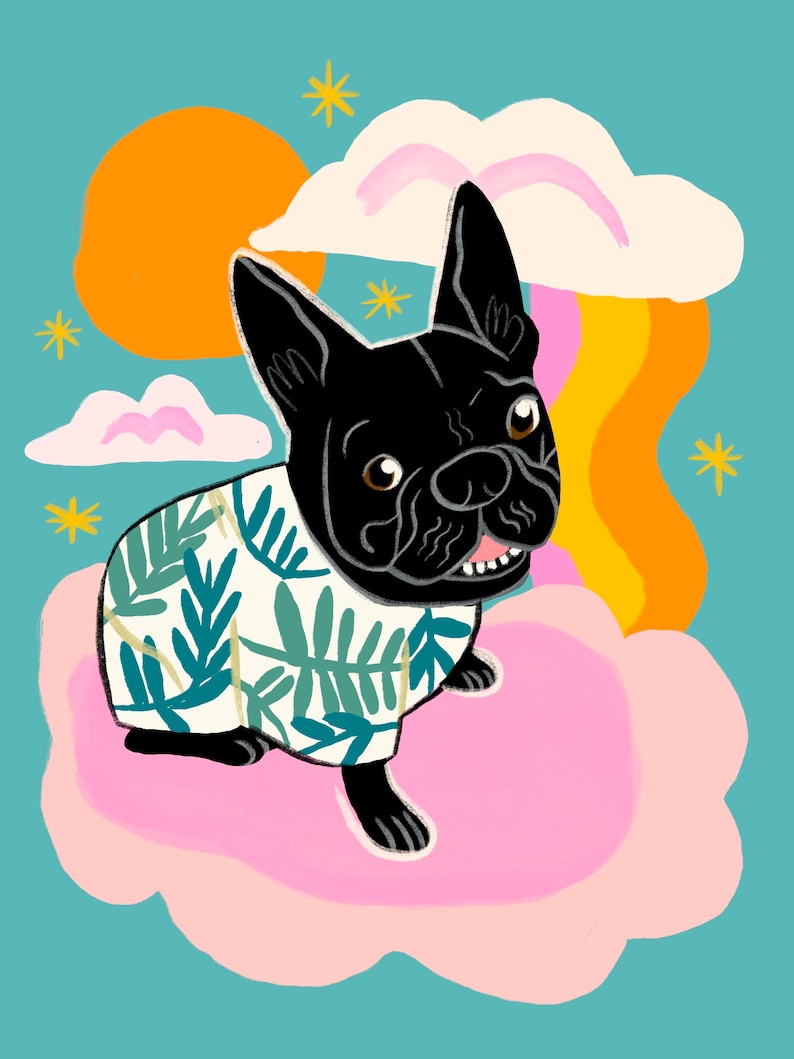May include: A black French bulldog wearing a white and green tropical print shirt, sitting on a pink cloud with a rainbow and stars in the background.