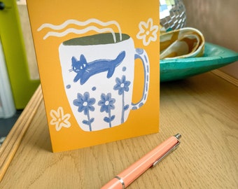 blue flower and cat blank greeting card