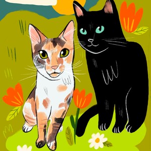 May include: Two cats, one black and one calico, are sitting in a field of green grass with red and white flowers. The sun is shining brightly in the background.