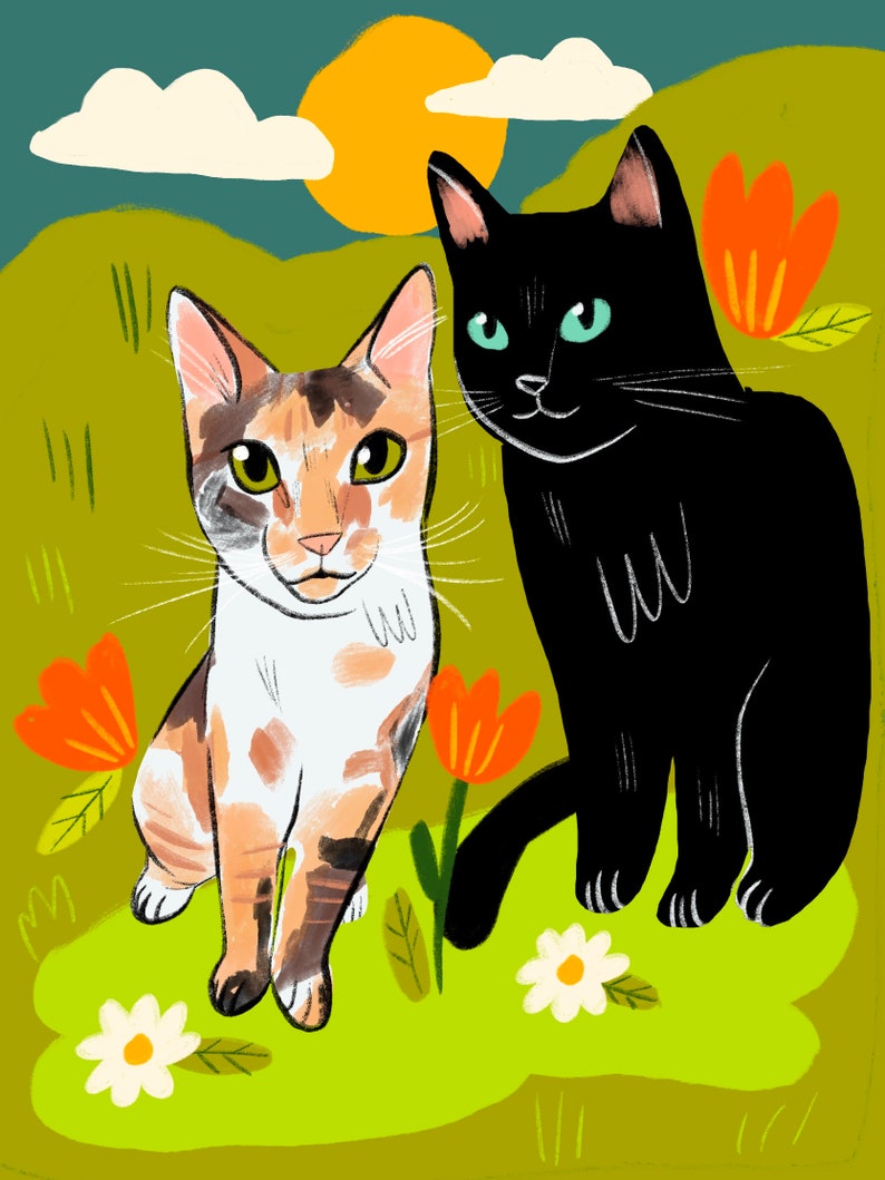 May include: Two cats, one black and one calico, are sitting in a field of green grass with red and white flowers. The sun is shining brightly in the background.