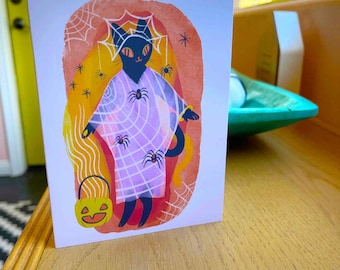 spinnenweb halloween zwarte kat lege wenskaart