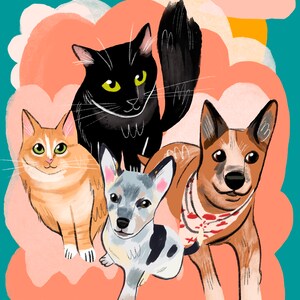 May include: A digital illustration of four pets on a pink cloud background. A black cat with green eyes, a light orange cat, a grey and white dog, and a brown and white dog with a red bandana.