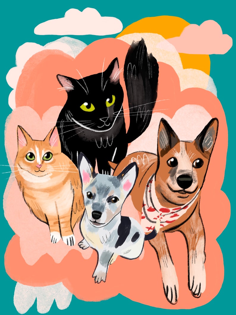May include: A digital illustration of four pets on a pink cloud background. A black cat with green eyes, a light orange cat, a grey and white dog, and a brown and white dog with a red bandana.