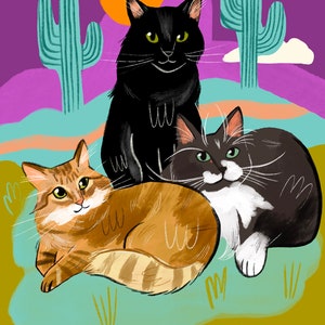 May include: Three cats sitting in a desert landscape with cacti and a sunset in the background. The cat in the middle is black, the cat on the left is orange and white, and the cat on the right is black and white.