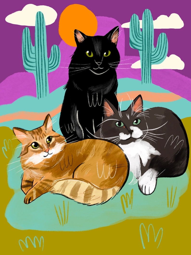 May include: Three cats sitting in a desert landscape with cacti and a sunset in the background. The cat in the middle is black, the cat on the left is orange and white, and the cat on the right is black and white.