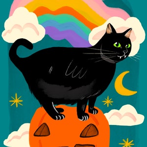 May include: A black cat with green eyes sits on top of an orange jack-o'-lantern. A rainbow and clouds are in the background.