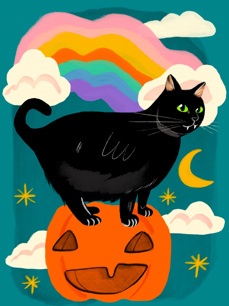 May include: A black cat with green eyes sits on top of an orange jack-o'-lantern. A rainbow and clouds are in the background.