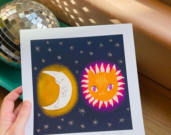 the moon and sun cats 8x8 high quality art print