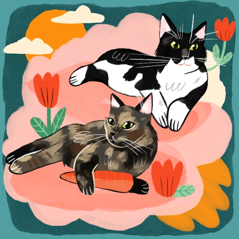 May include: Two cats, one black and white and one brown tabby, are sitting on a pink cloud with a red tulip and a carrot. The black and white cat is looking at the viewer, while the tabby cat is looking at the carrot.