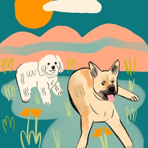 May include: Two dogs playing in a field with a blue sky and orange sun. A white fluffy dog stands on the left and a brown and tan dog with a long tongue is lying on the right.