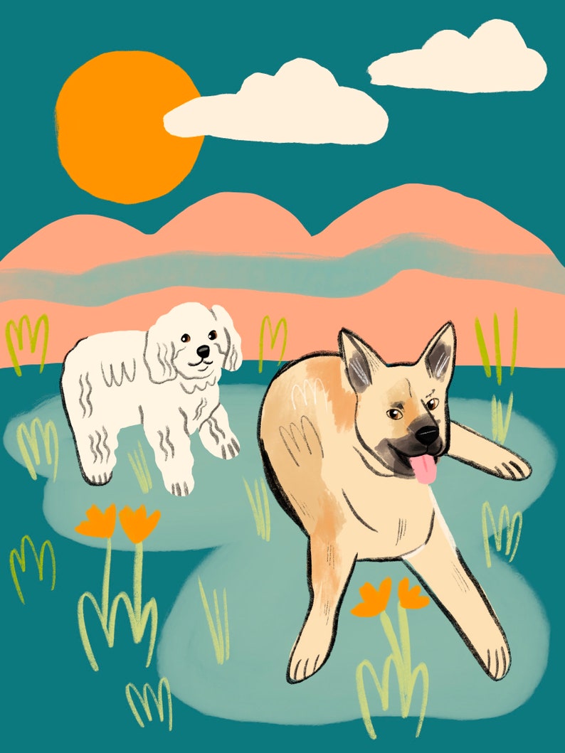 May include: Two dogs playing in a field with a blue sky and orange sun. A white fluffy dog stands on the left and a brown and tan dog with a long tongue is lying on the right.