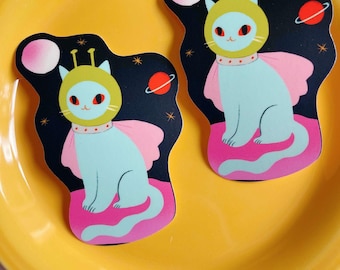 Pegatina de vinilo mate impermeable de gato espacial