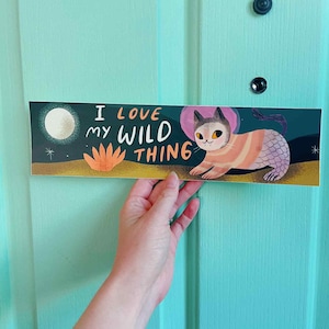 May include: A rectangular sign with the text "I LOVE my WILD THING" and an illustration of a cat with a fish tail. The cat is pink and orange with a purple halo. The background is a night scene with a moon and stars.