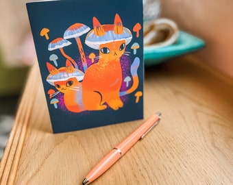 orange mushroom twin cats blank greeting card