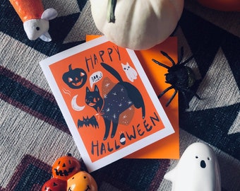 the spooky cat happy halloween blank greeting card
