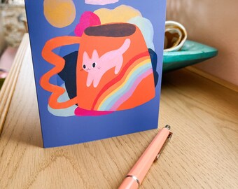 rainbow mug cat blank greeting card