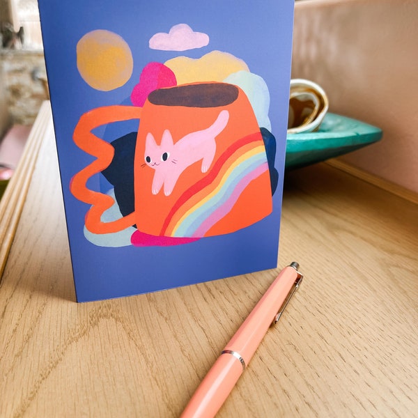 rainbow mug cat blank greeting card