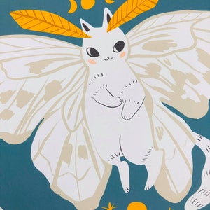May include: A white cat with large wings and yellow antennae, against a teal blue background with yellow moons and stars.