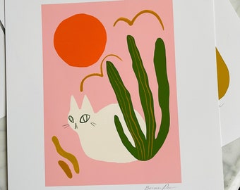 le chat rose soleil levant mat style imprimé mat
