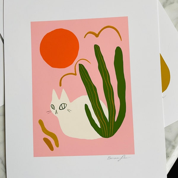 the pink cat rising sun matisse style matte print