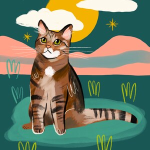 May include: A brown tabby cat with green eyes sits on a green cloud-like shape against a teal background. A large yellow sun and white clouds are in the background, along with small white stars.