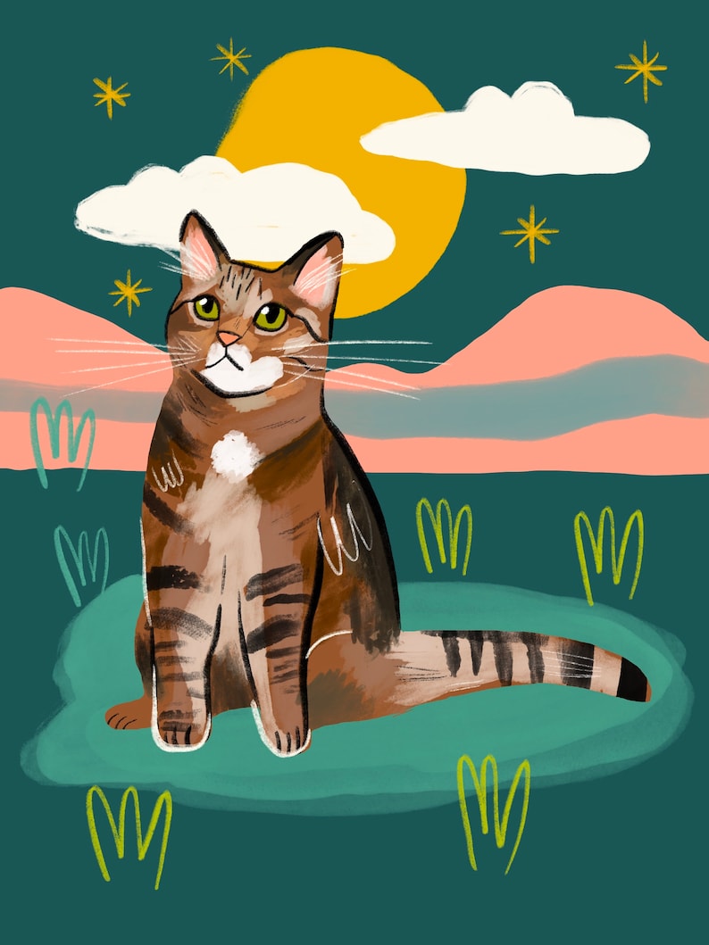 May include: A brown tabby cat with green eyes sits on a green cloud-like shape against a teal background. A large yellow sun and white clouds are in the background, along with small white stars.