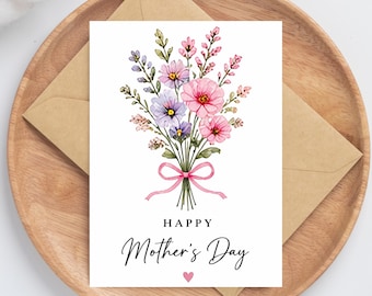 Mother’s Day Card Printable 5x7 Floral Bouquet Card Happy Mother’s Day Foldable Card Instant Download PDF Printable Greeting Card for Mom