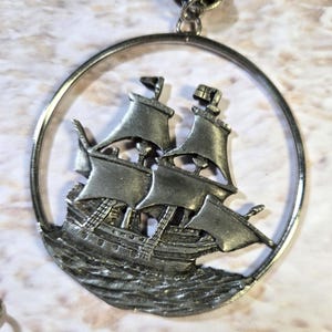 Vintage Pewter Sailing Ship Necklace: Large Clipper Ship Pendant