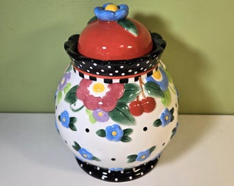 Mary Engelbreit “Oh So Breit” Medium Canister, Storage or Cookie Jar has Red Lid, Cherries and Flowers, Vintage 2000 Collectable kitchenware