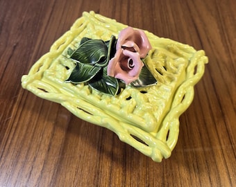 Vintage Chartreuse Ceramic Lidded Box by Frasier California Pottery: Briar Rose