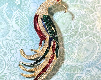 Vintage Strass Pfau Brosche: Lee Sands Große Bunte Emaille Vogel Schmuck