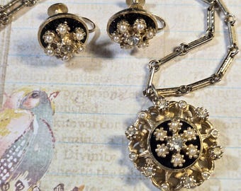 Vintage Coro strasshalsband och örhängen i set: Guldfärgad och svart emalj