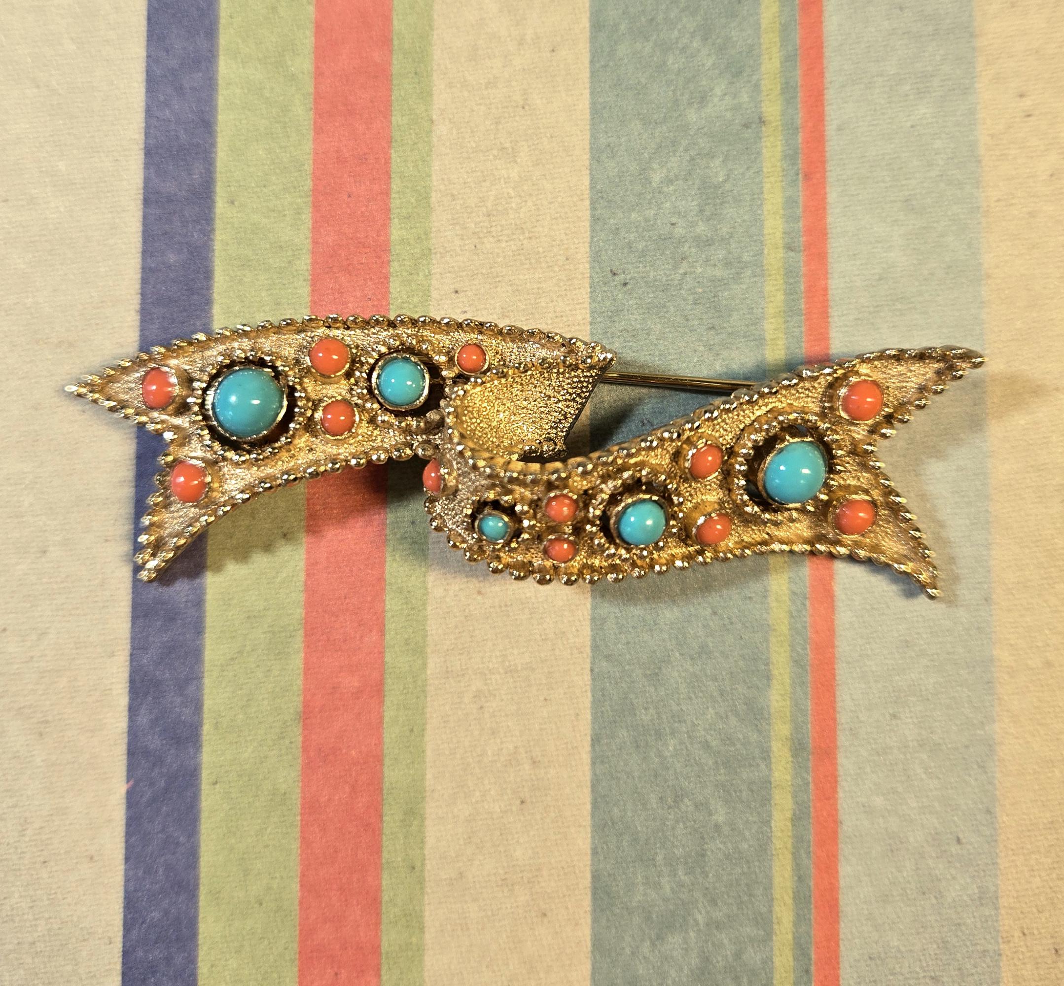 ヴィンテージ トリファリ ブローチ: フェイク ターコイズ & コーラル