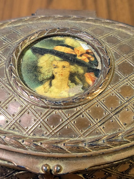Antique Napoleon III Gilt Bronze Jewelry Box, Woman Portrait Trinket Casket