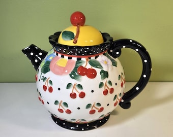 Mary Engelbreit Teapot, “Oh So Breit” Collection Teapot with Yellow Lid, Cherries and Flowers, Vintage 2000 Collectable kitchenware