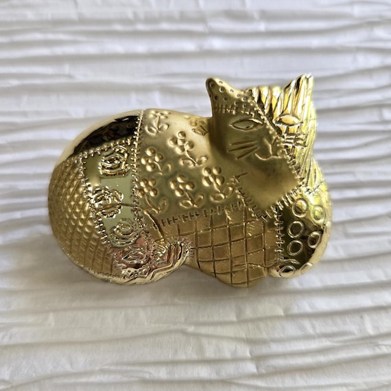Vintage AJC Calico Cat Brooch: Gold Tone Patchwor… - image 1