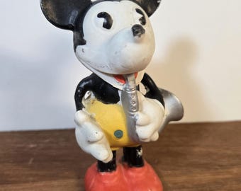 Figura vintage de Mickey Mouse tocando la trompa - Bisqué de los años 30, fabricada en Japón