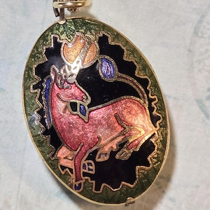 Beautiful Unicorn in Moonlight Colorful Cloisonné Enamel Pendant Necklace Double Sided has one flaw