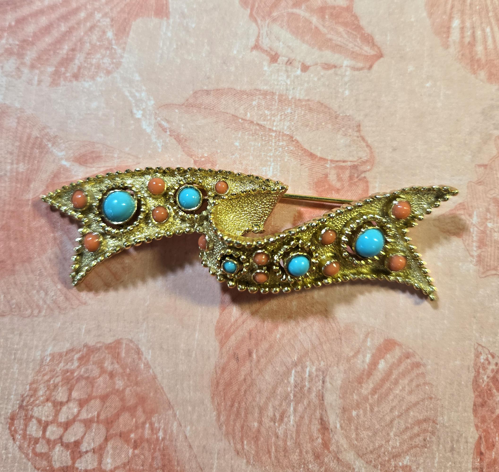 ヴィンテージ トリファリ ブローチ: フェイク ターコイズ & コーラル