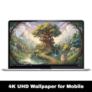 May include: A laptop displays a vibrant, detailed landscape wallpaper. The artwork features a treehouse, winding path, and a serene forest scene with a waterfall. The text at the bottom reads "4K UHD Wallpaper for Mobile".