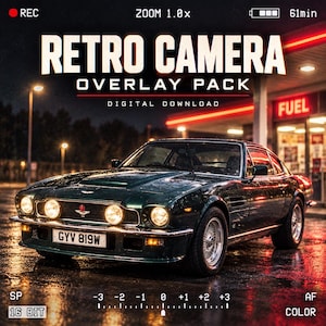 May include: A digital graphic featuring a dark green vintage sports car parked at a petrol station at night, with the text RETRO CAMERA OVERLAY PACK DIGITAL DOWNLOAD at the top and camera interface elements like zoom, battery, and exposure settings.