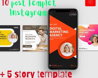 May include: A digital product set containing 10 Instagram post templates and 5 story templates, displayed on a smartphone screen and as individual square graphics. The designs feature black, orange, and white layouts with text and circular portraits.