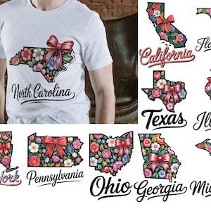 Lot floral floral d'État américain | Clipart mignon de carte d'état avec des fleurs et des noeuds | PNG pour Sublimation Conception de t-shirt Autocollant Téléchargement numérique
