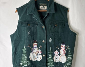 Northern Reflections XL Green Denim Handpainted Snowman Wearable Art OOAK Vest