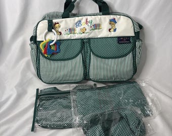 Vintage Elegante Kinder Bestickte Baby Wickeltasche Grün Gestreift Mit Zubehör