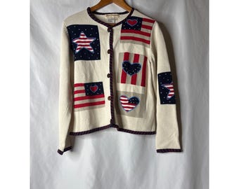 Vtg Norm Thompson Women S Americana Flag Heart Holiday Knit Cardigan Sweater